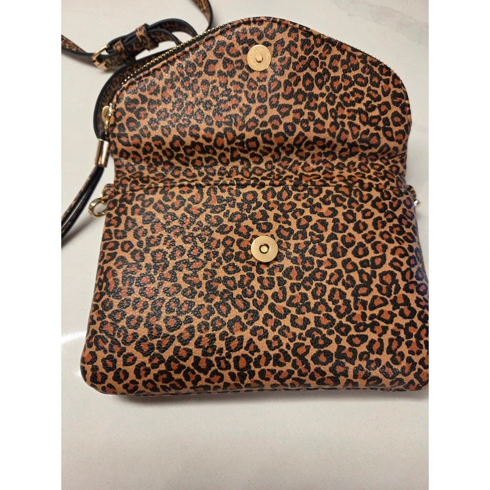 Leopard Print Foldover Crossbody Bag with Zipper Detail Brown Animal Print